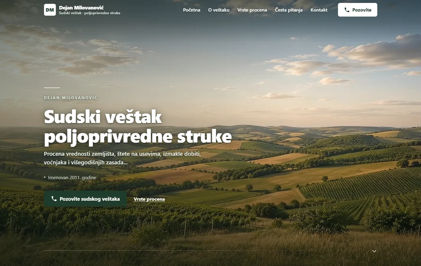 Početna strana sajta sudskog veštaka za poljoprivredu — naslov usluge preko fotografije polja