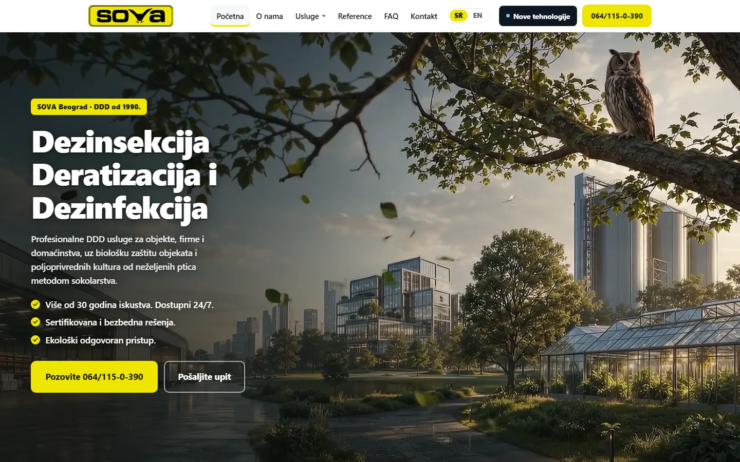 Novi sajt firme SOVA — krupan naslov usluge, tri jasne prednosti i broj telefona kao glavno dugme